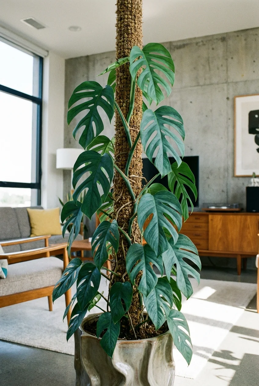 A Baltic Blue Pothos climbing a vertical moss pole in a stylish room.