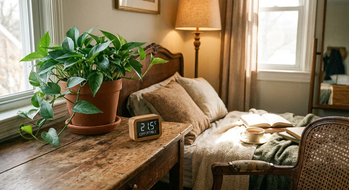 A Baltic Blue Pothos on a desk in a warm, comfortable indoor environment.