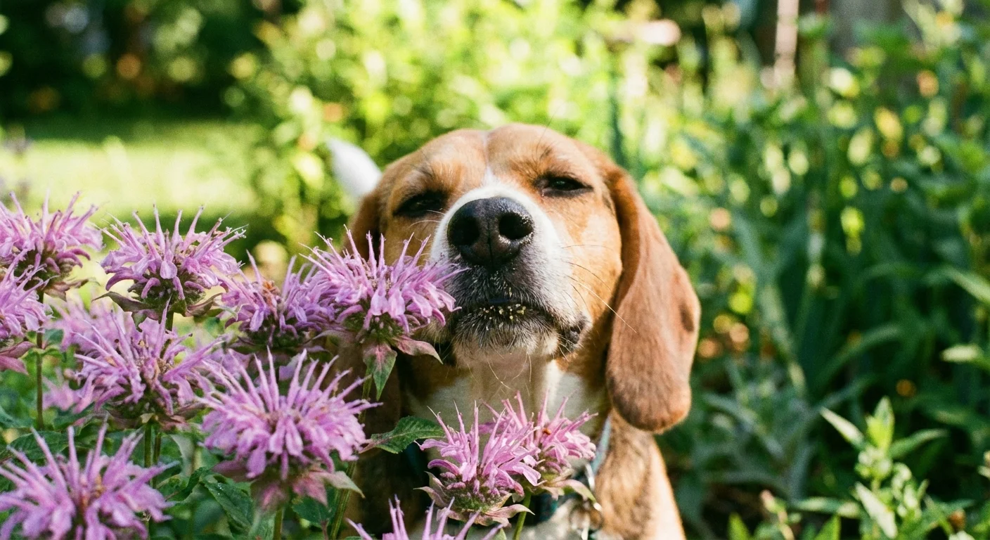 A Beagle dog sniffs purple Bee Balm flowers in a backyard garden.