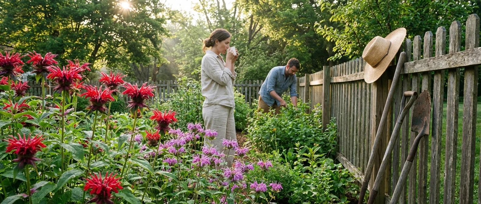 A beautiful backyard garden featuring Bee Balm plants beginning to flower in early summer.