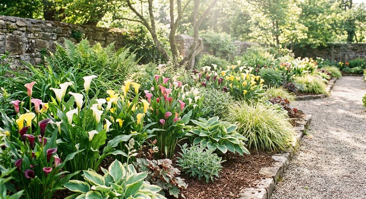 A beautiful garden border featuring white and pink Calla Lilies.