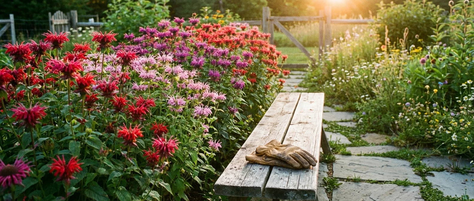 A beautiful garden path lined with blooming Bee Balm at sunset.