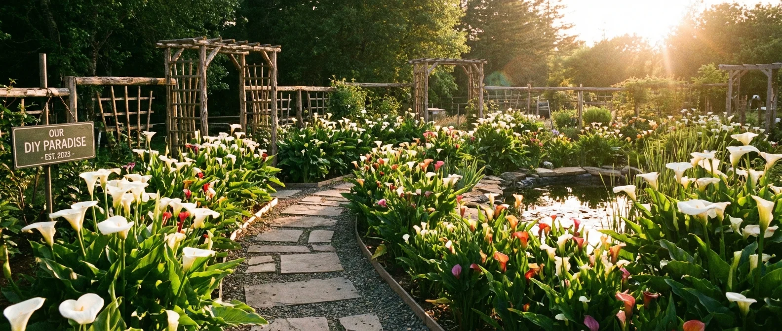 A beautiful garden path lined with flourishing Calla Lilies.