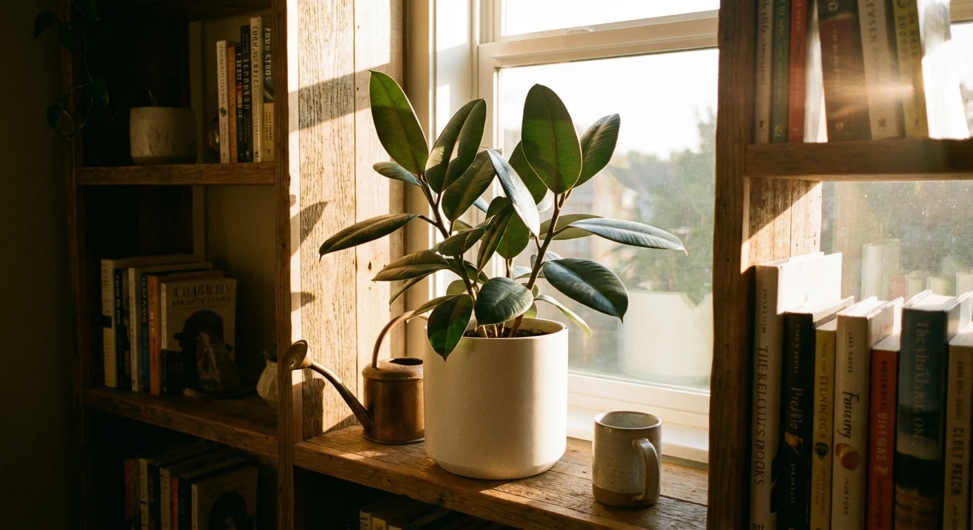A beautiful, healthy rubber plant growing in a white pot on a shelf.