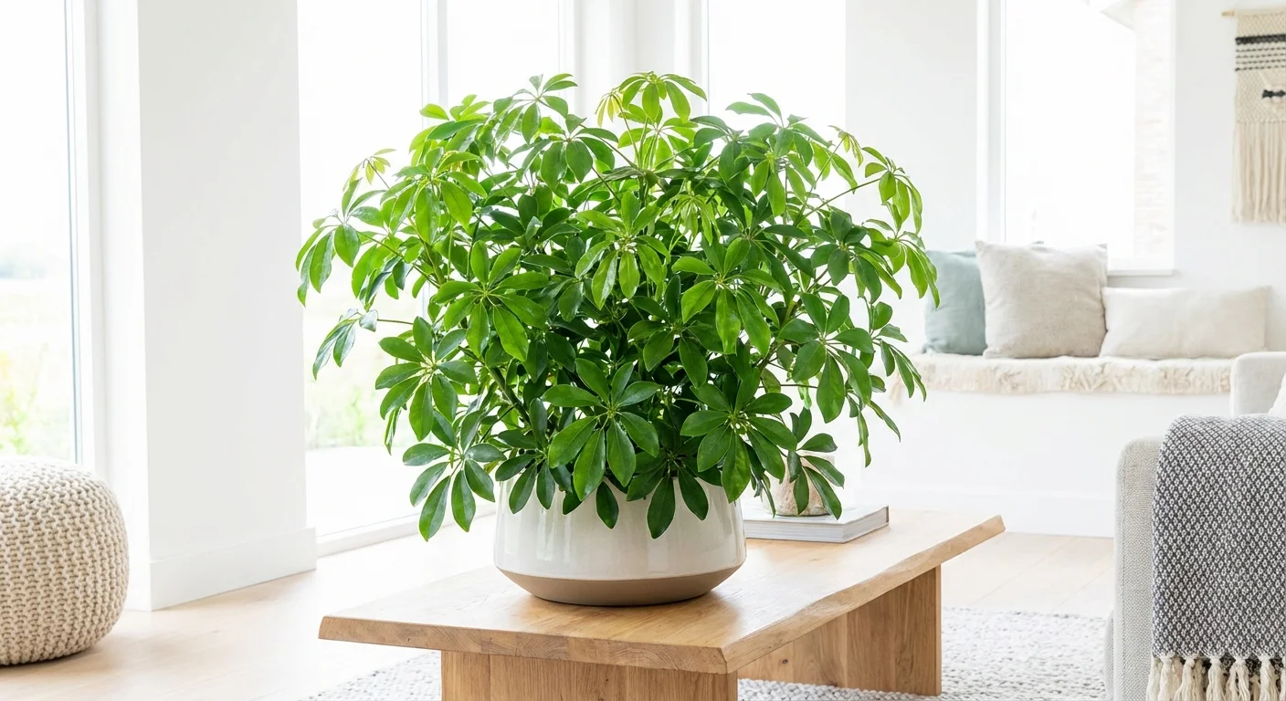 A beautiful, healthy umbrella plant thriving in a well-lit modern home.