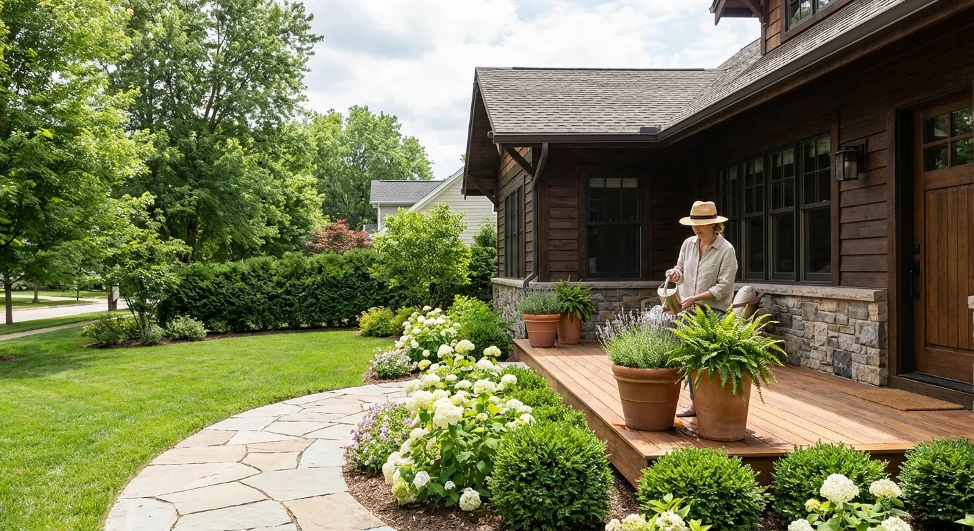 A beautiful home exterior with professional landscaping and a stone path.
