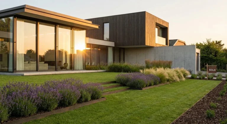 A beautiful modern house with professional landscaping during golden hour, showcasing high curb appeal.