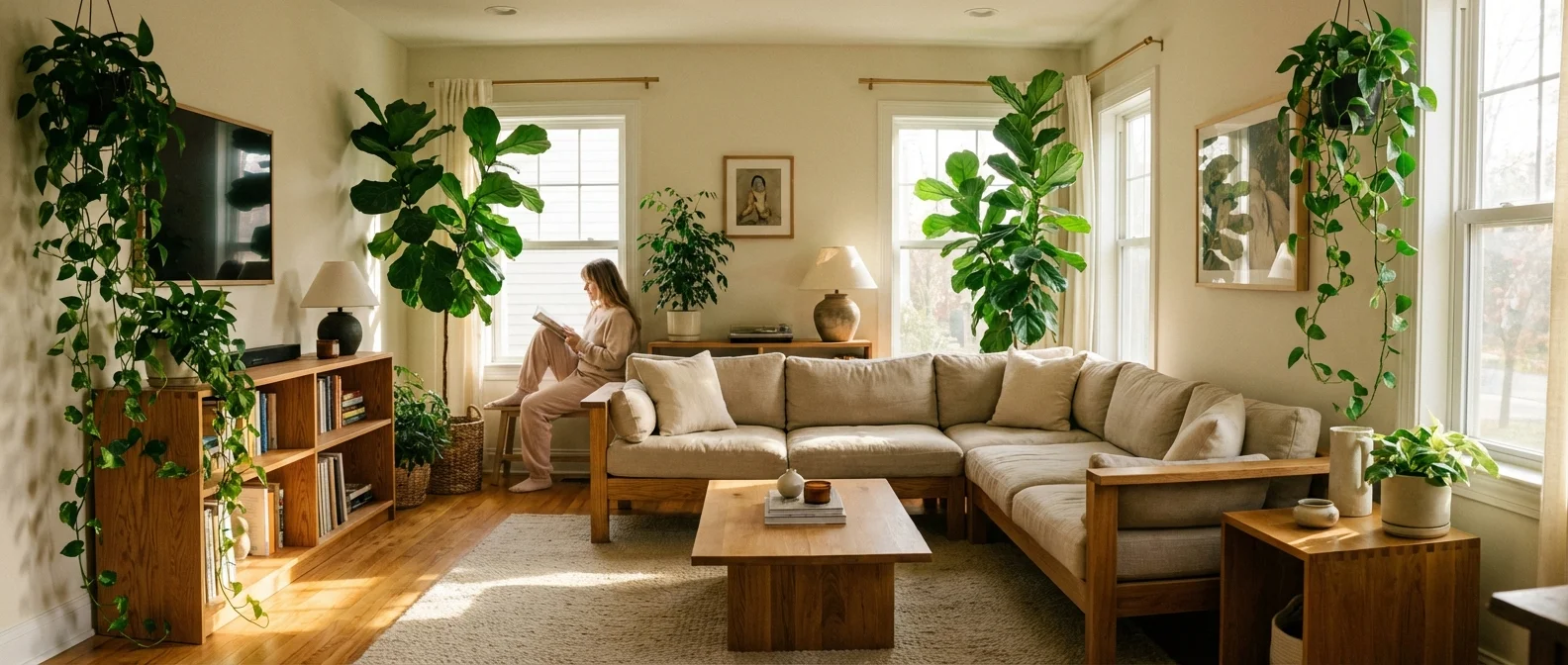 A beautiful, sun-drenched living room filled with healthy green houseplants and modern furniture.