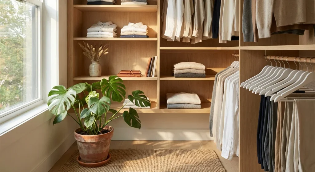 A beautifully organized small closet with wooden shelves and a houseplant in soft natural light.