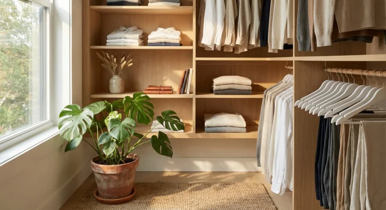 A beautifully organized small closet with wooden shelves and a houseplant in soft natural light.