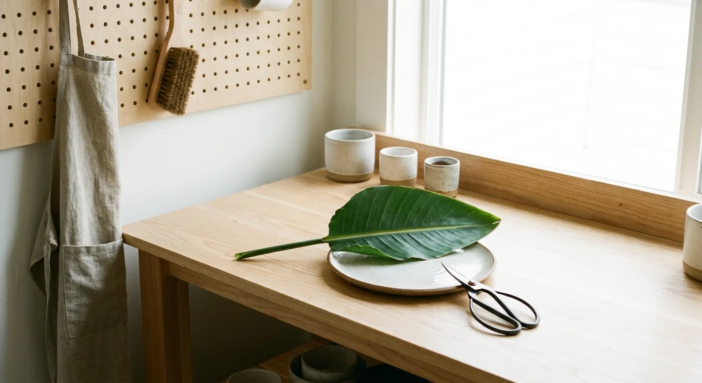 A Bird of Paradise leaf cutting and gardening tools on a clean workbench.