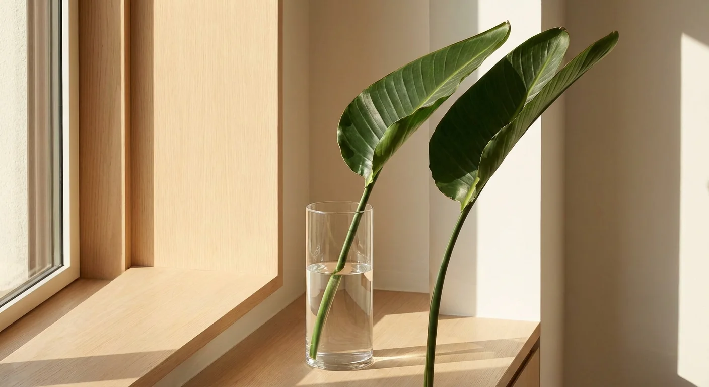A Bird of Paradise leaf stem in a glass vase of water on a sunny windowsill.