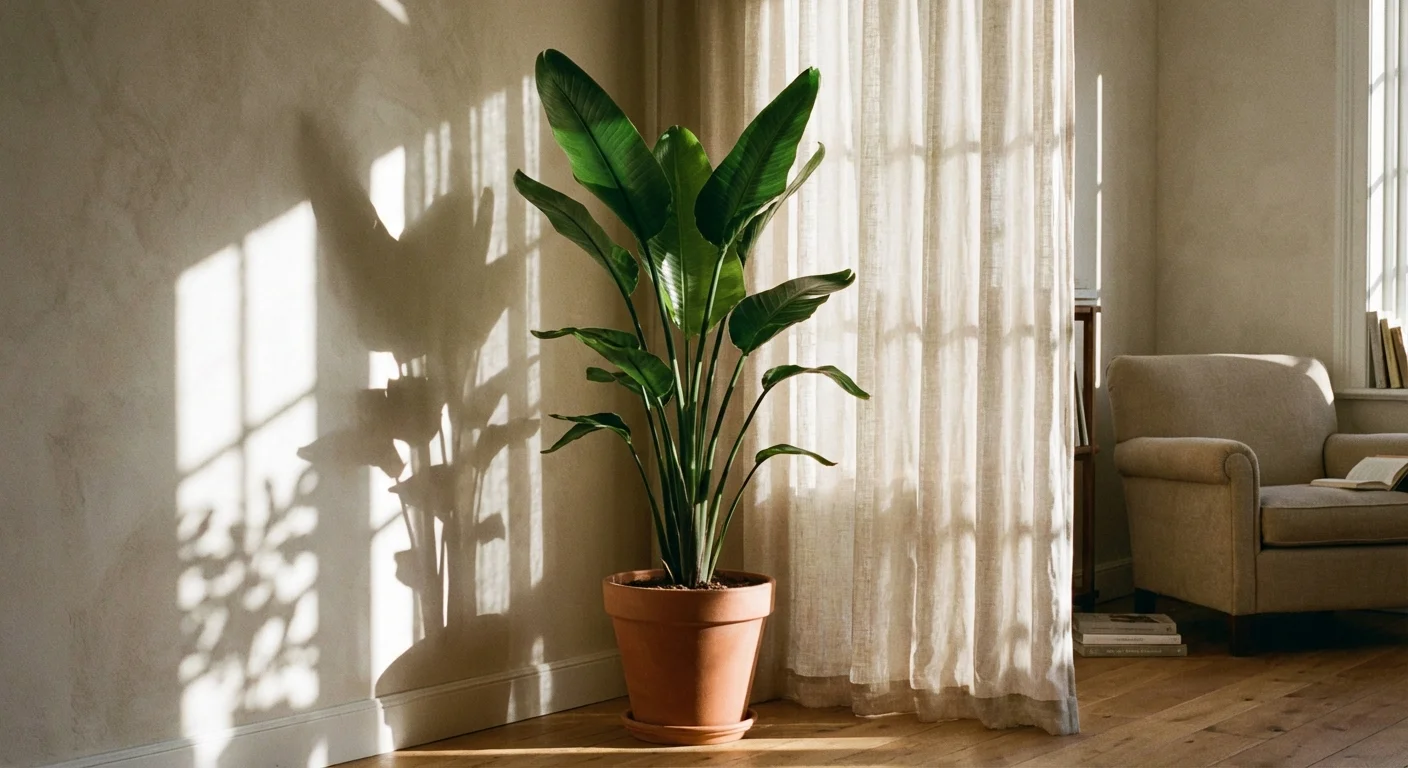 A Bird of Paradise plant in a bright indoor corner with filtered sunlight.