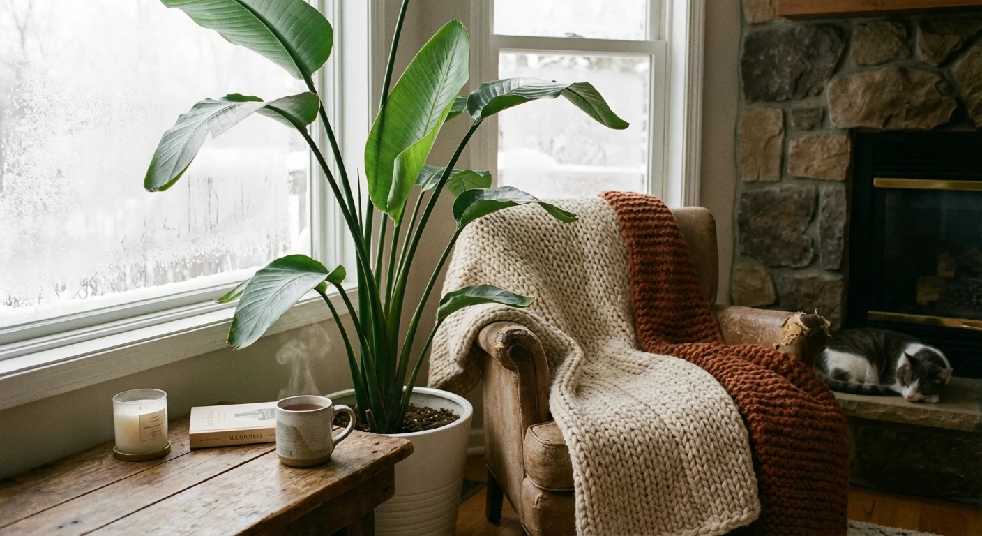 A Bird of Paradise plant kept indoors during the winter season.
