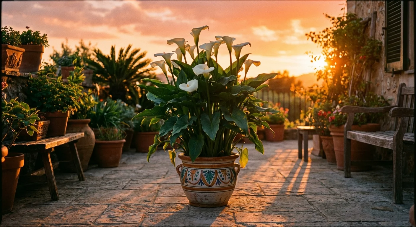 A blooming Calla Lily in a ceramic pot during sunset.