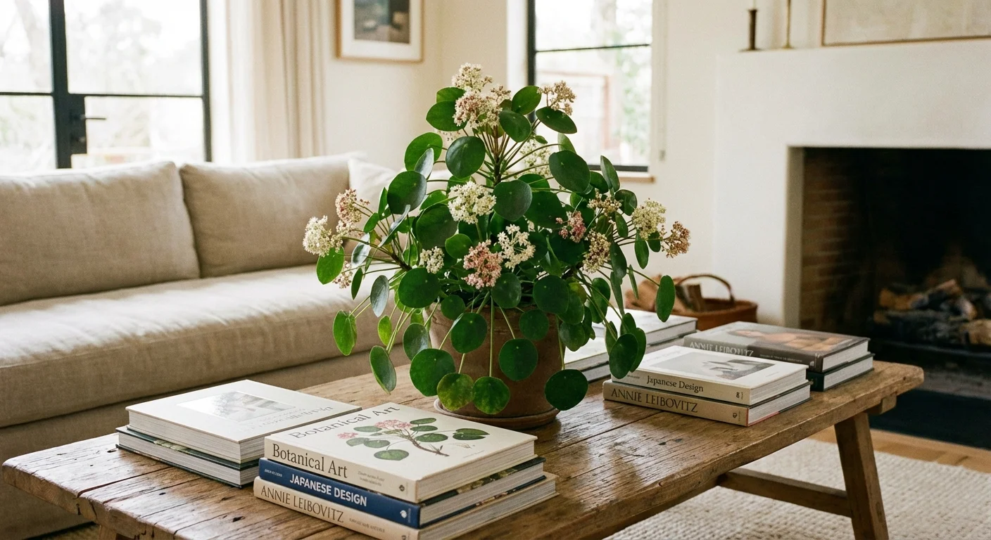 A blooming Chinese Money Plant used as a stylish decorative centerpiece in a modern living room.