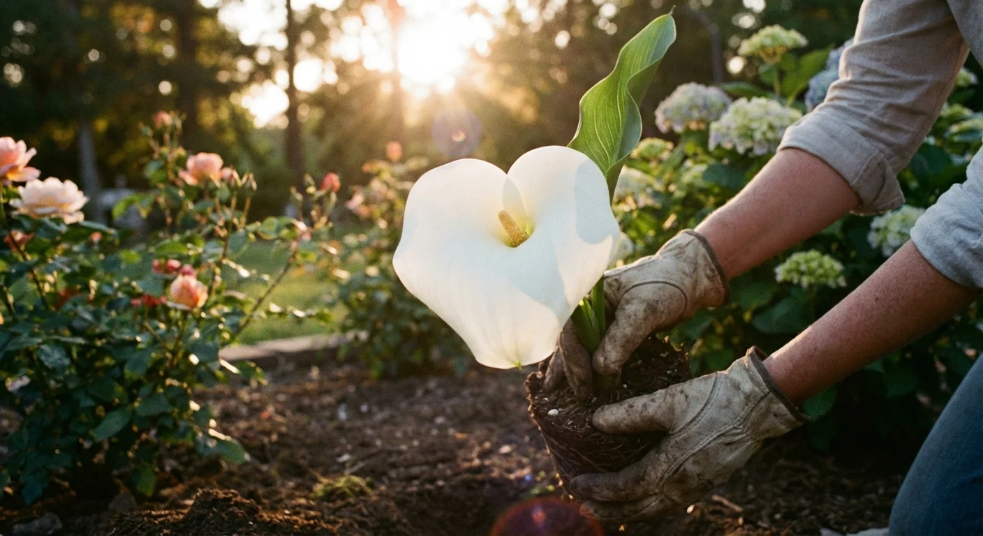 A blooming white Calla Lily being planted into the ground.