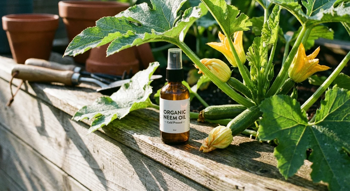 A bottle of organic plant spray on a garden ledge.