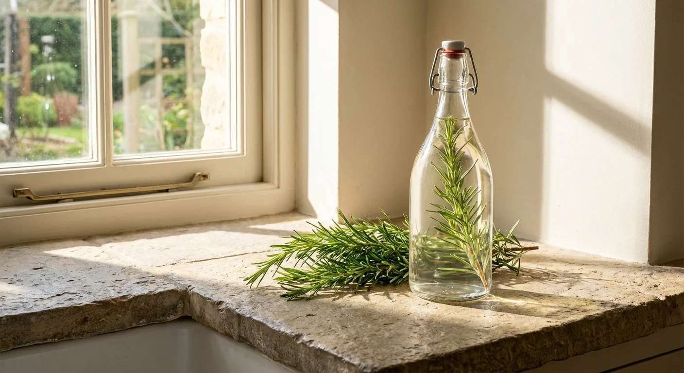A bottle of white vinegar and rosemary, ingredients for a natural garden spray.