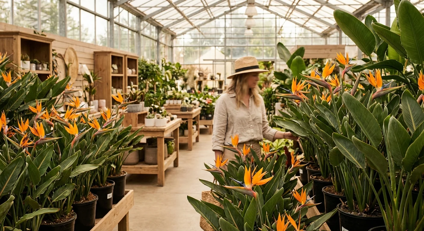 A boutique plant nursery filled with healthy Bird of Paradise plants for sale.