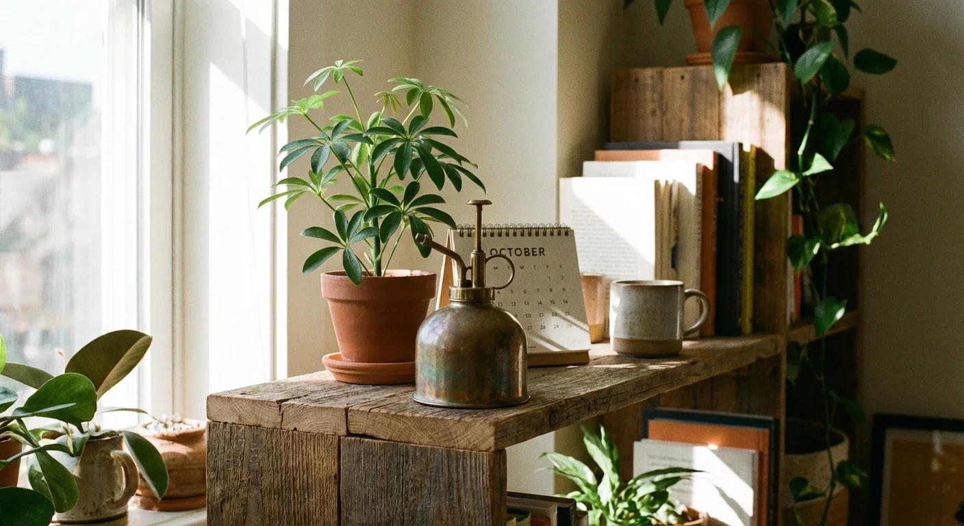 A brass mister and a small Umbrella Plant on a wooden shelf.