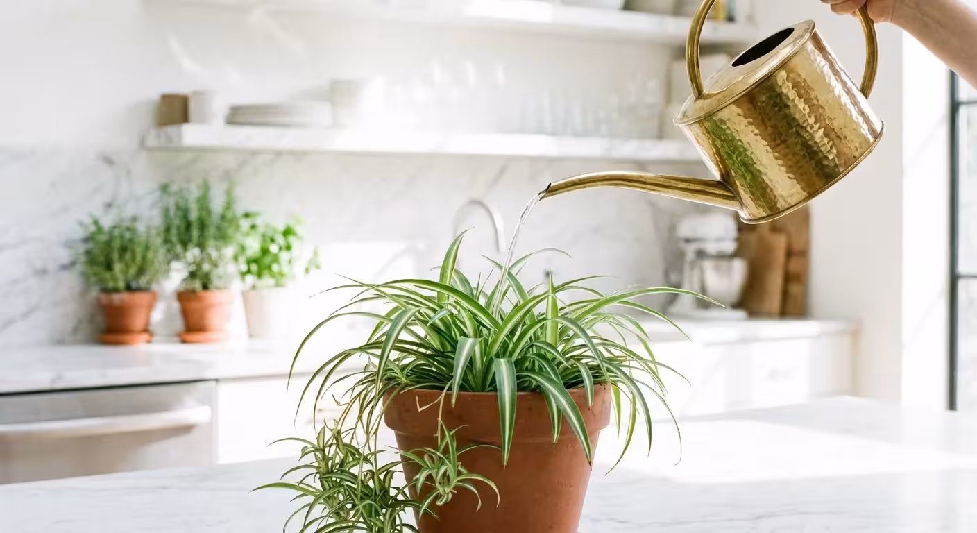 A brass watering can pouring water into a potted spider plant.
