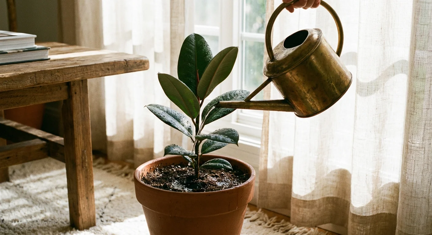 A brass watering can pouring water onto a small potted rubber plant.