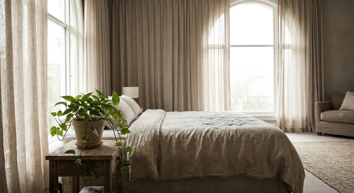 A bright, airy bedroom with natural textures and a healthy houseplant on a nightstand.