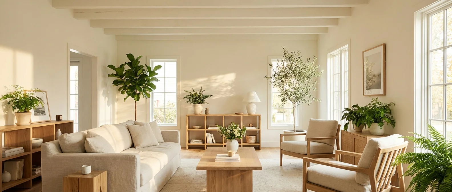 A bright, airy living room with white walls, wooden furniture, and vibrant indoor plants under soft sunlight.