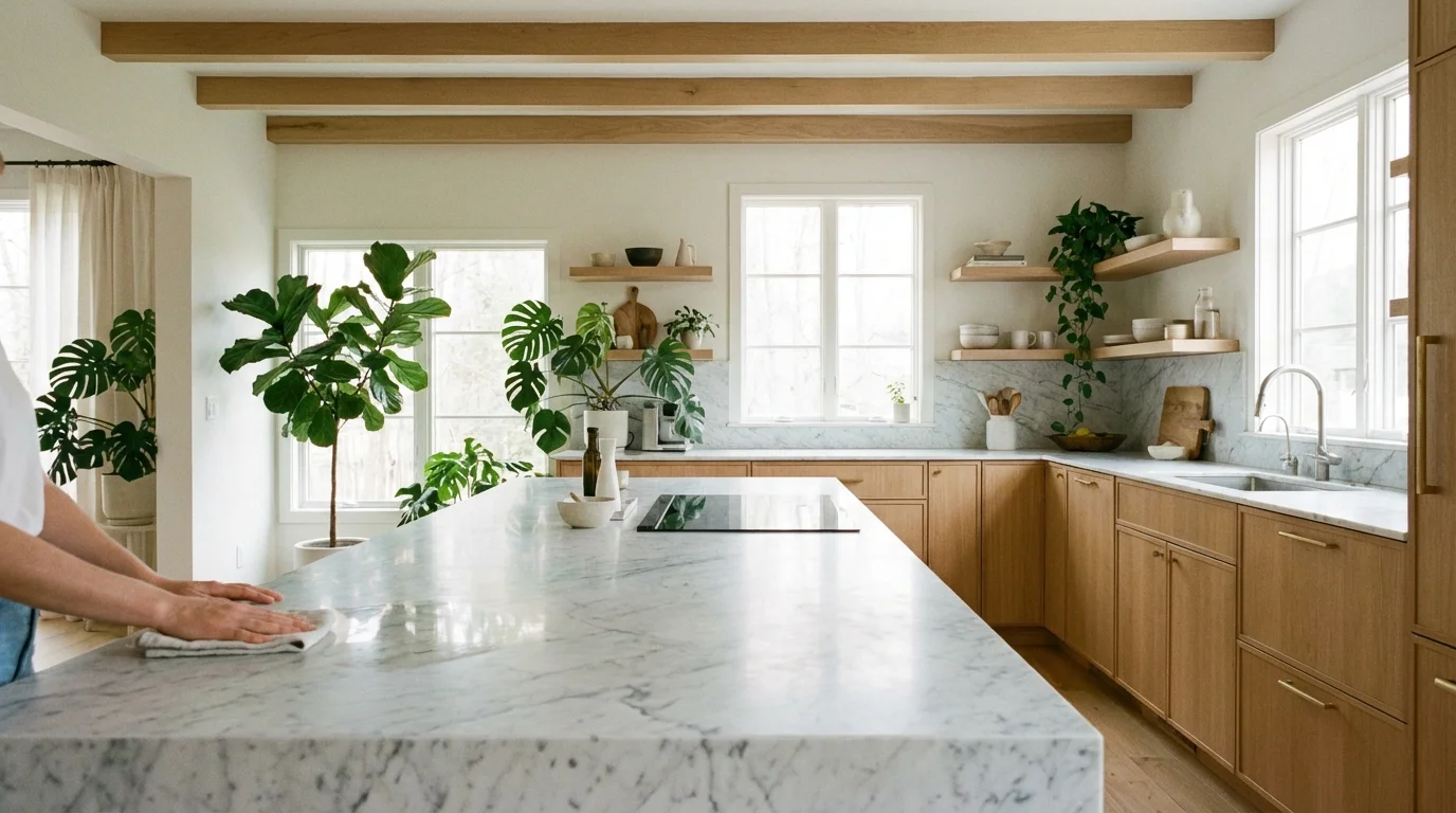 A bright, clean kitchen with marble countertops and green plants, showing a person cleaning a surface.