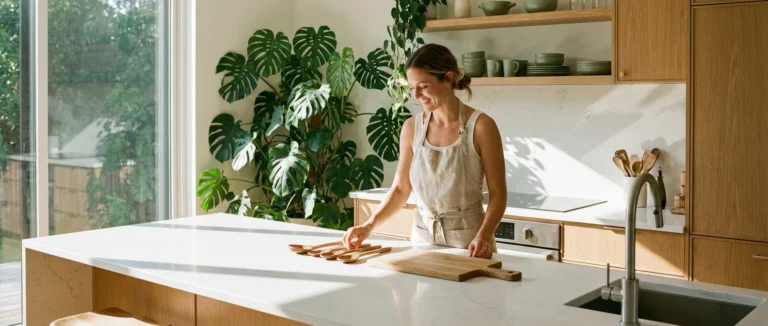 A bright, modern kitchen with a woman organizing new cooking tools and lush green plants.