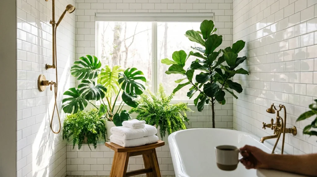 A bright, spa-like bathroom with lush green plants, white towels, and warm wooden accents in soft morning light.