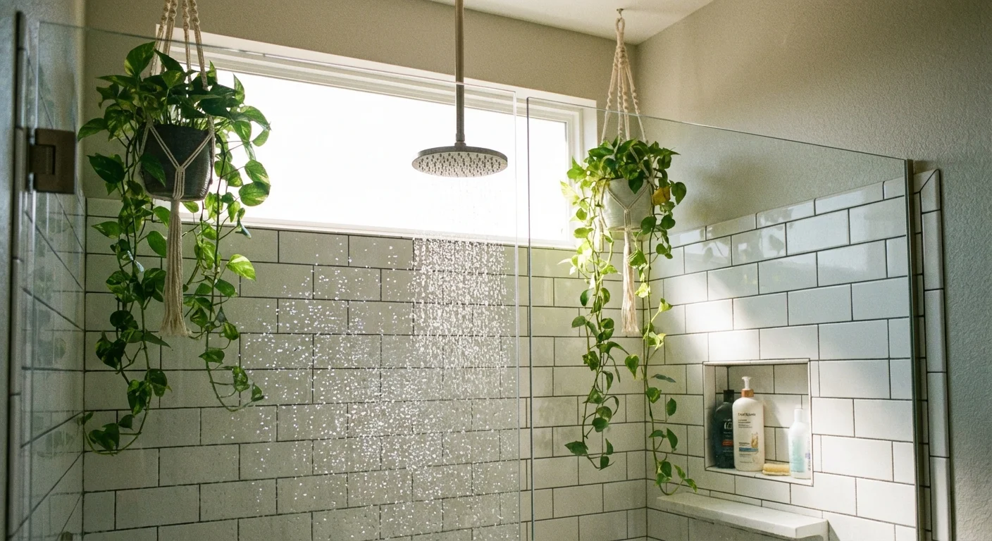 A bright walk-in shower with a transom window, rain shower head, and hanging pothos plants.