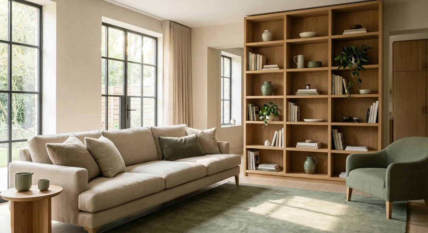 A bright, well-organized living room with a cohesive color palette.