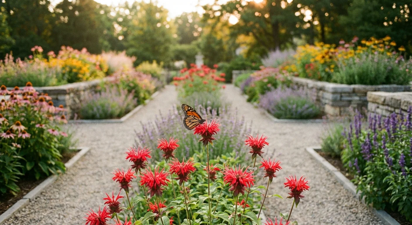A butterfly on a red Bee Balm flower in a peaceful, sunny garden.