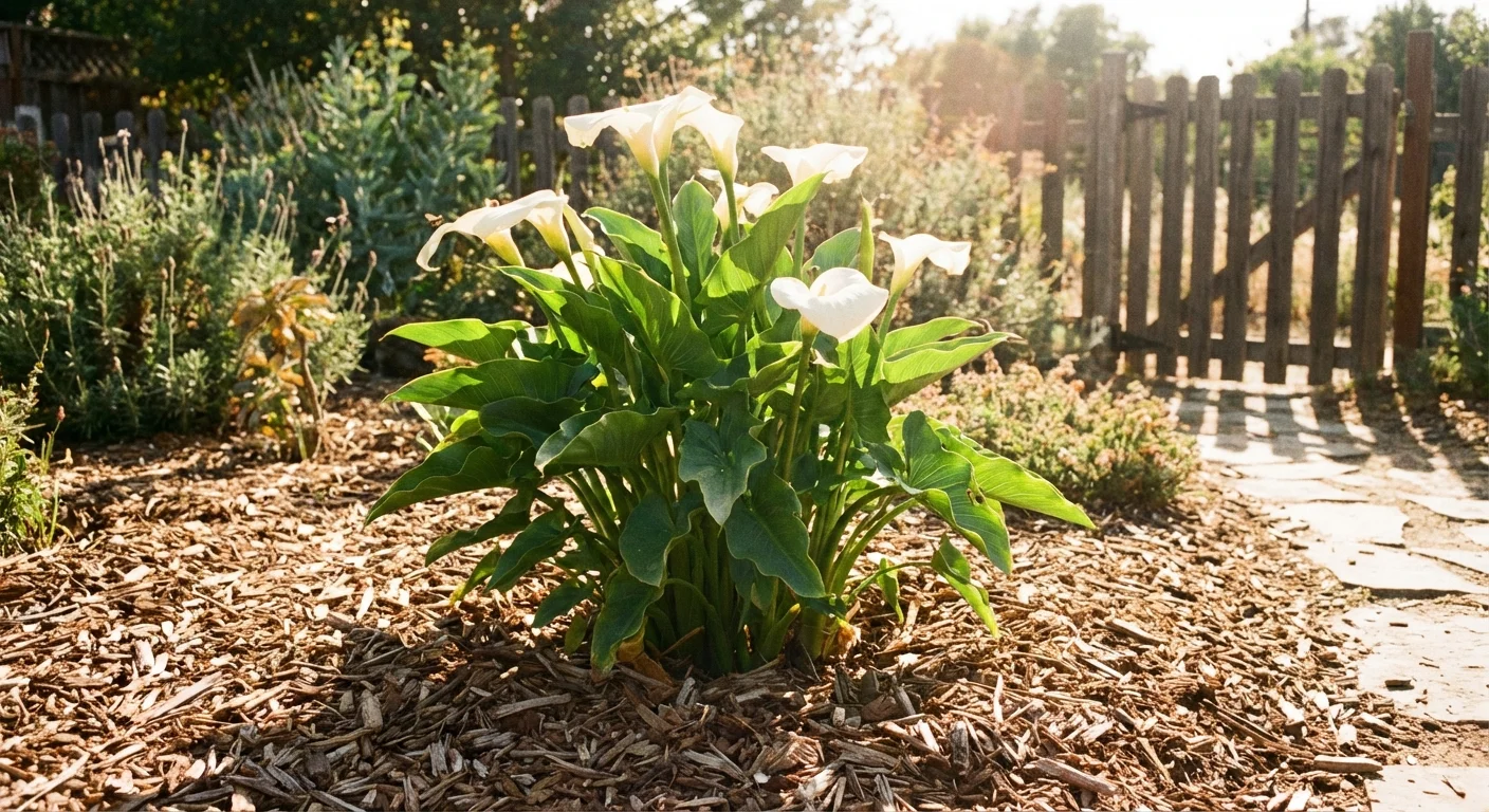 A Calla Lily in a sunny summer garden with protective mulch.