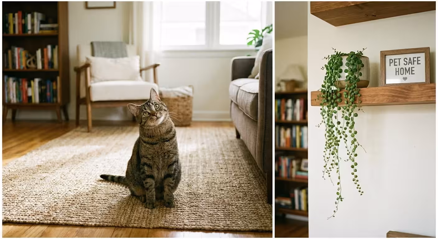 A cat looking up at a String of Turtles plant placed safely on a high shelf.