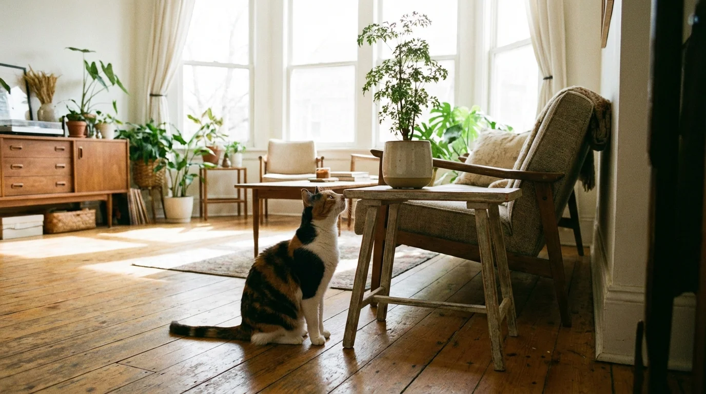 A cat sitting near a small Ming Aralia plant on a wooden side table.