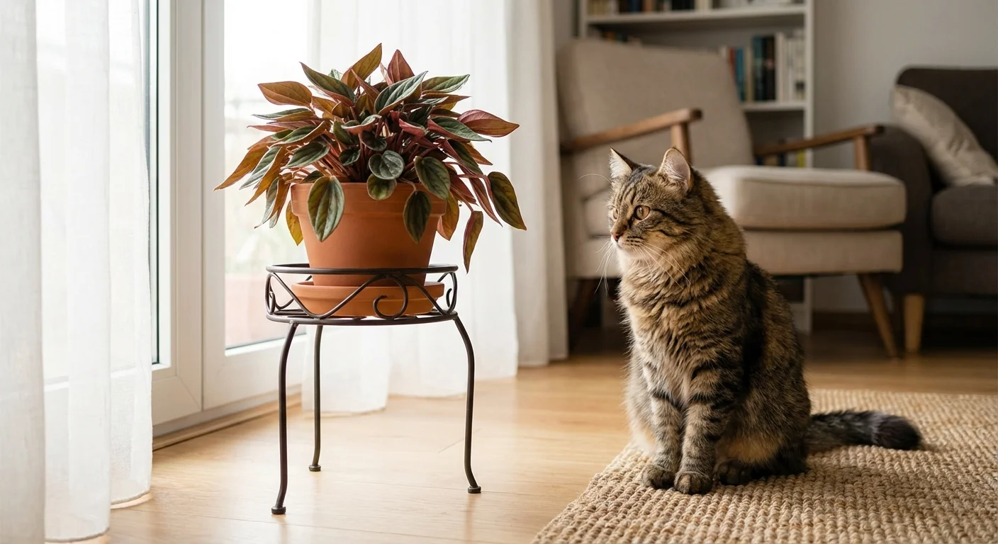 A cat sitting peacefully next to a Peperomia Rosso plant indoors.