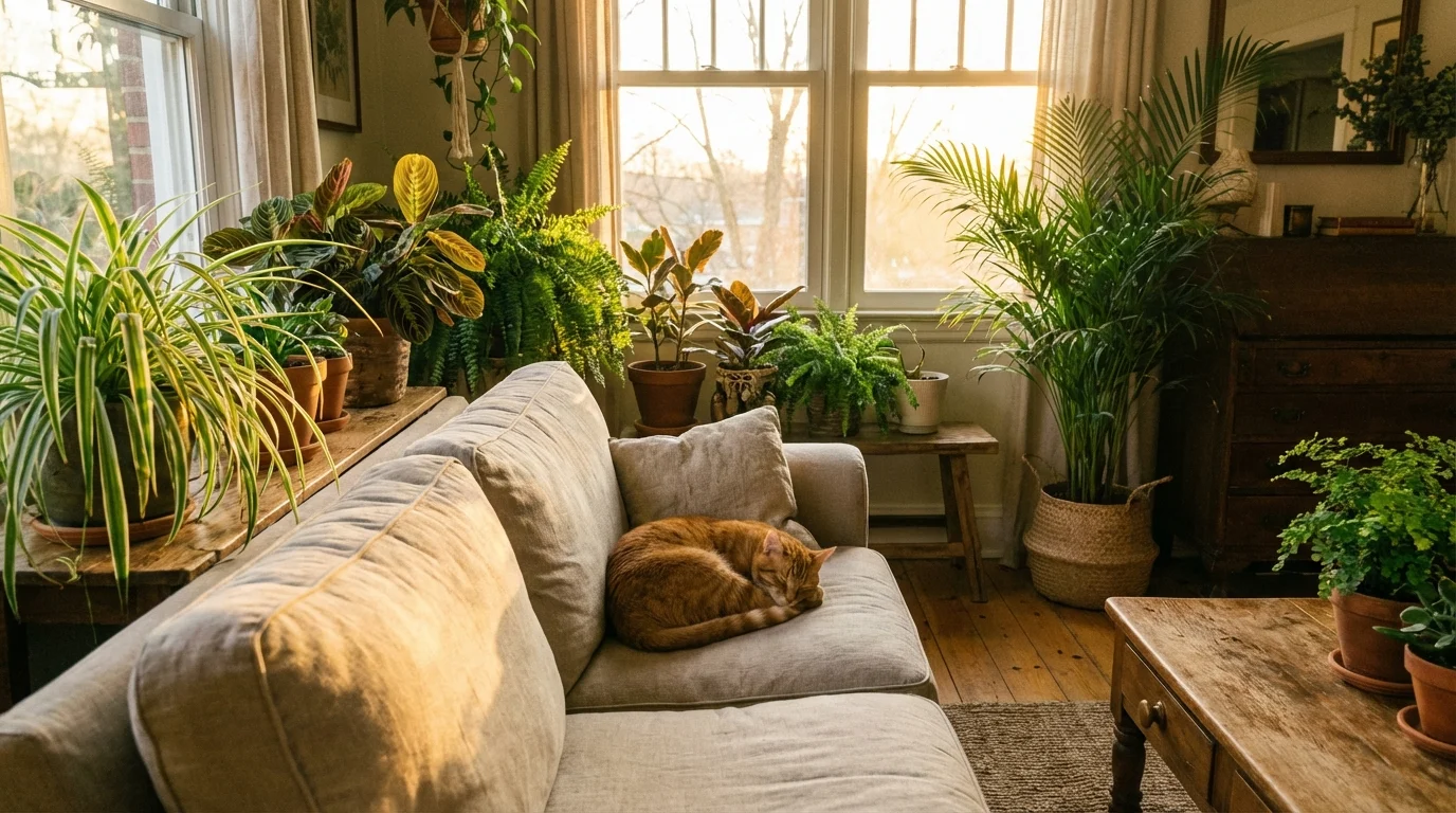 A cat sleeping peacefully in a room with safe indoor plants.