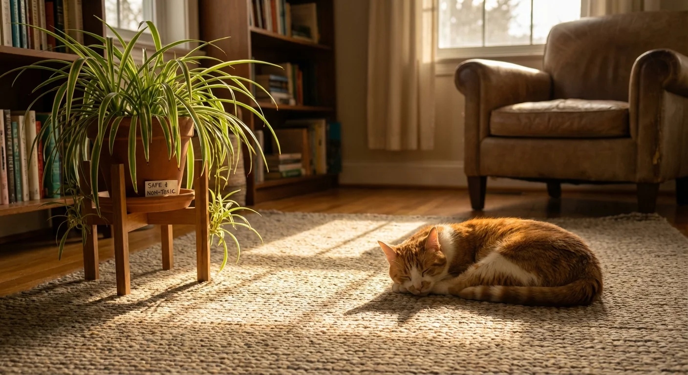 A cat sleeping peacefully near a safe household plant.