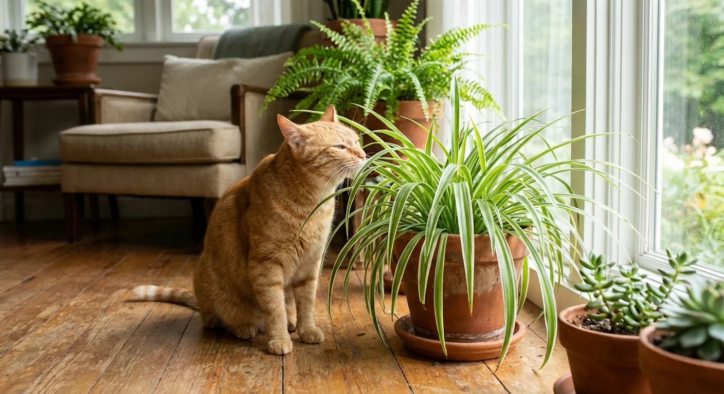 A cat sniffing a cat-safe Spider Plant in a bright room.