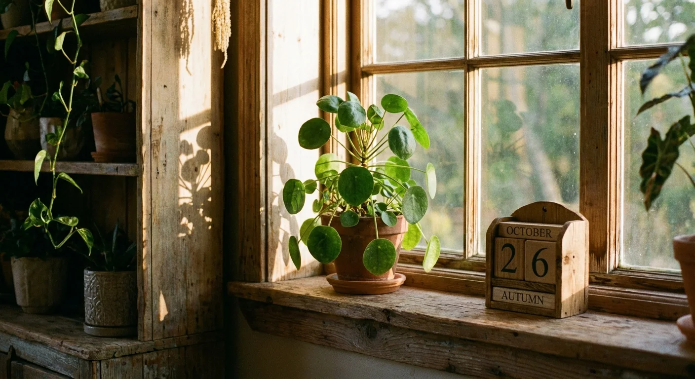 A Chinese Money Plant in a bright room, suggesting a regular care routine.