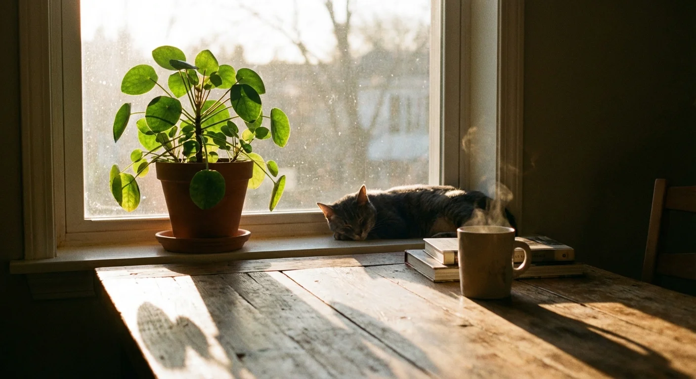 A Chinese Money Plant on a windowsill during the soft morning golden hour.