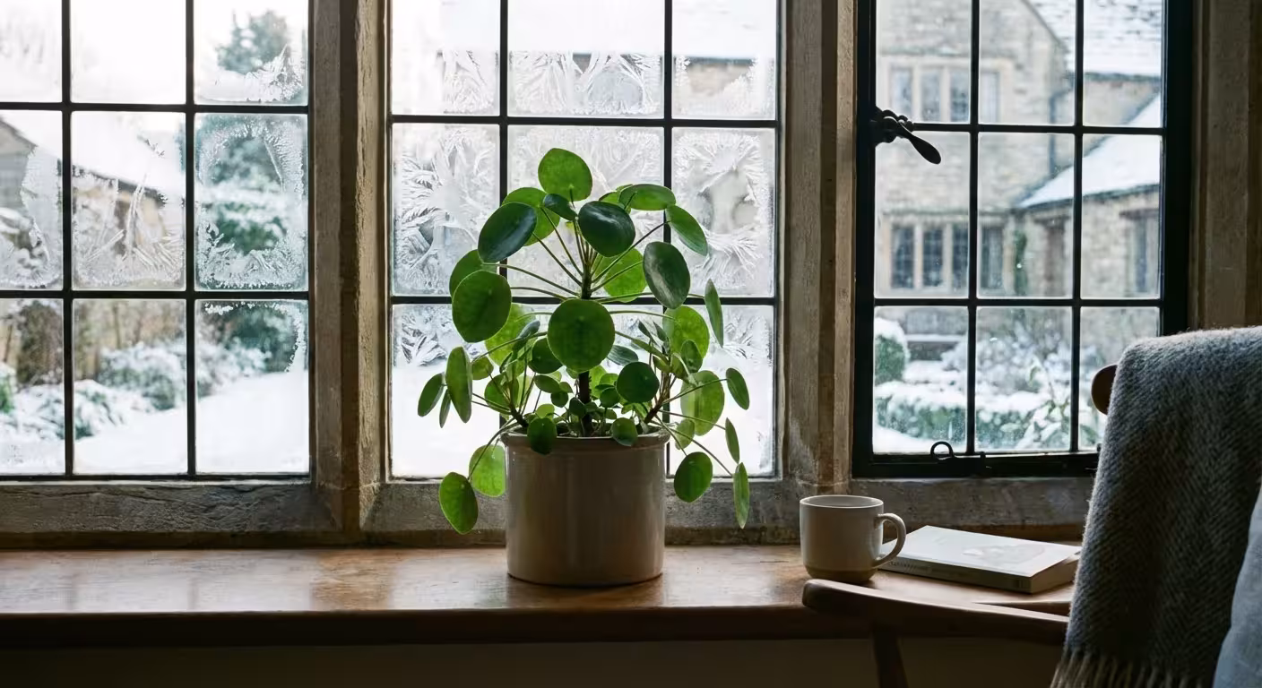 A Chinese Money Plant placed on a cool windowsill to encourage winter blooming.