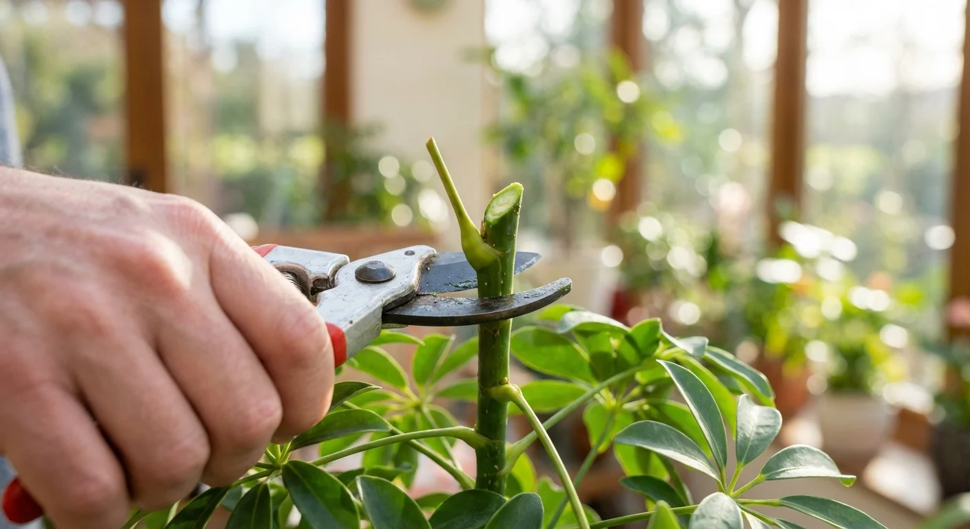 A clean cut on an Umbrella Plant stem to encourage new, bushier growth.