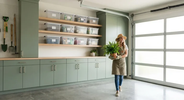 A clean, modern garage with sage green accents and organized shelving, showcasing a pest-free home environment.