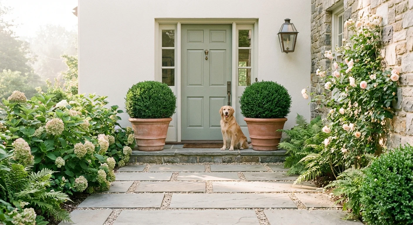 A clean stone path leading to an inviting front door flanked by symmetrical green plants in large pots.
