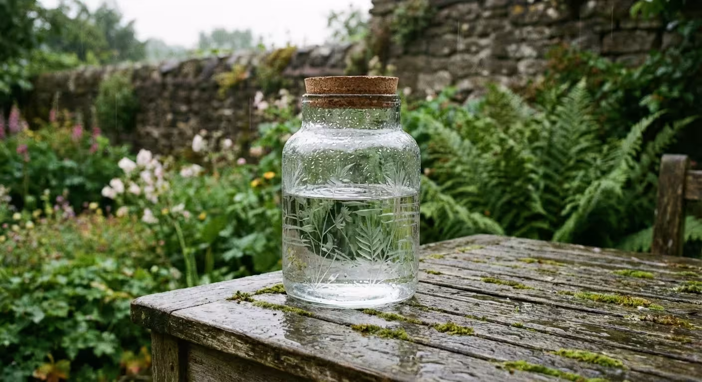 A clear glass jar of fresh rainwater sitting outdoors among green foliage.
