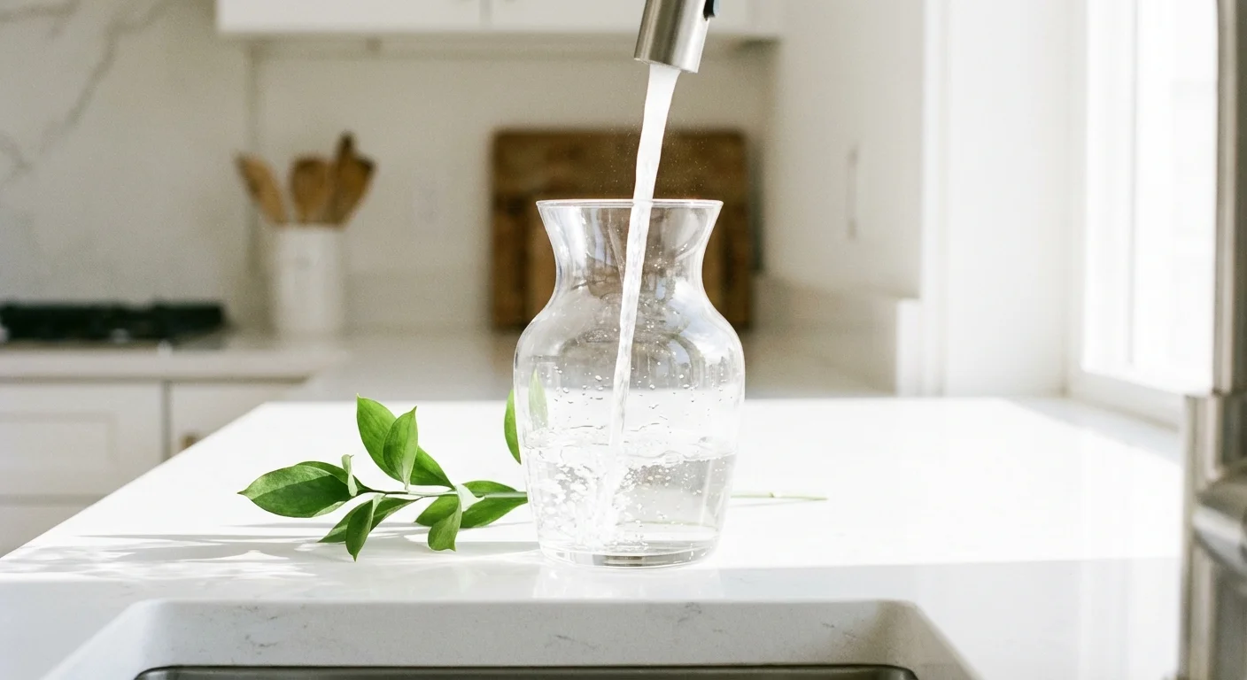 A clear glass vase being filled with fresh water on a bright countertop.